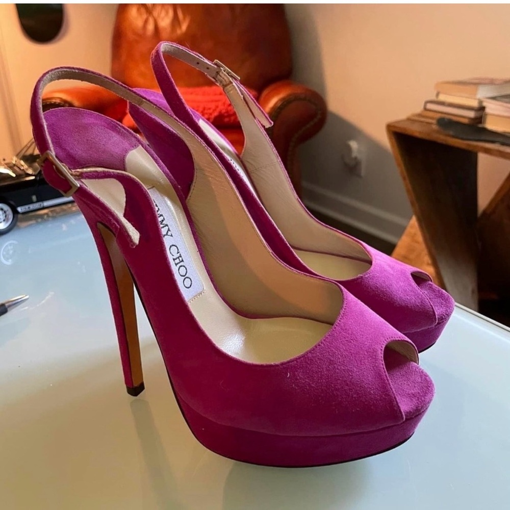 Jimmy Choo Fuchsia Suede Peep-Toe Heels - Picture 3 of 5